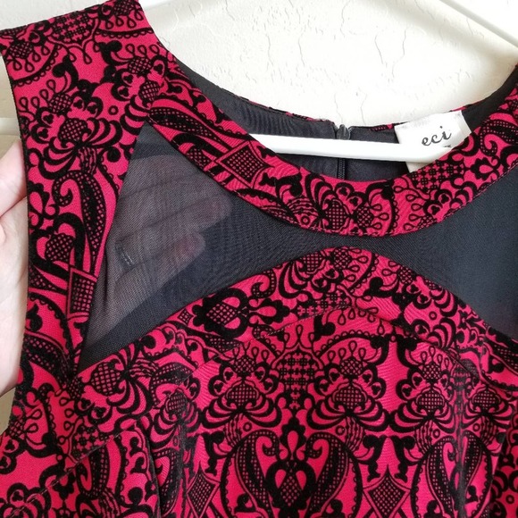 ECI Red & Black Mesh Cutout Damask Sheath Dress 12 - Picture 3 of 8